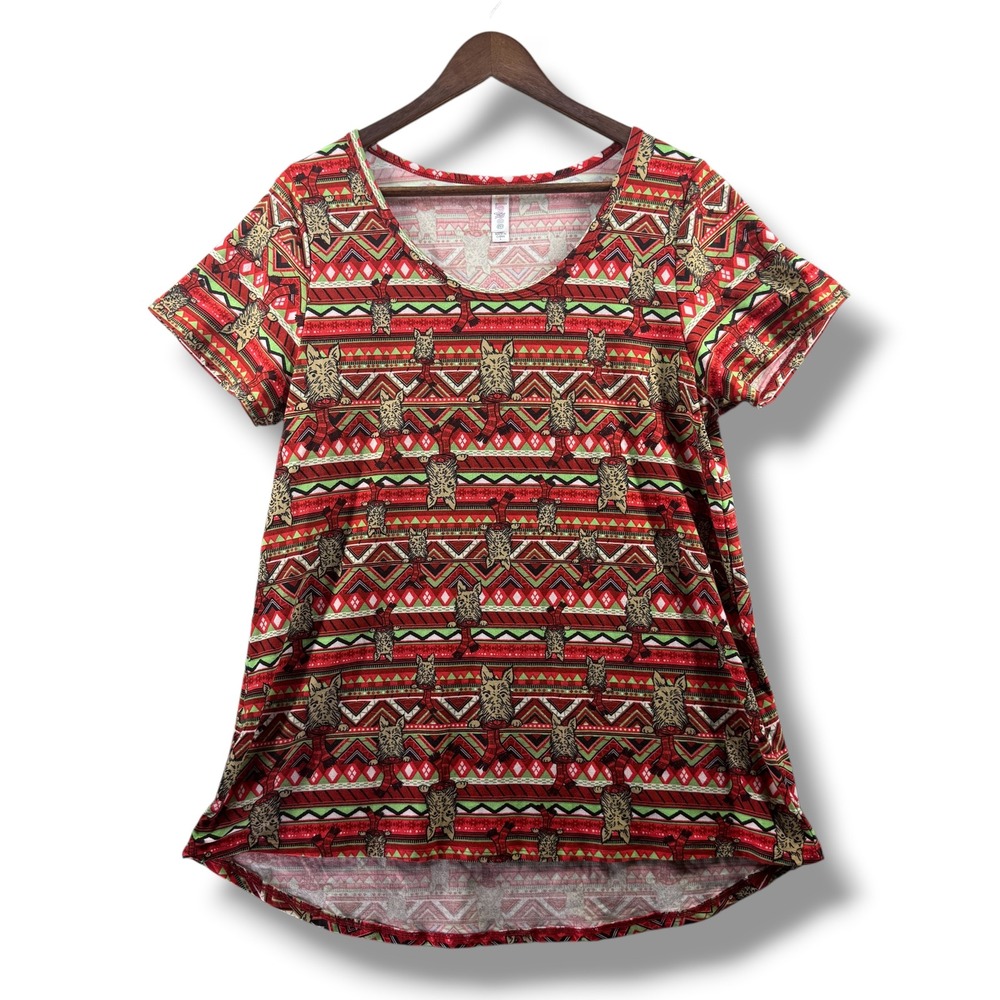 LuLaRoe Irma Tunic Top Large Red Christmas Scottie Dog Fair Isle Short Sleeve